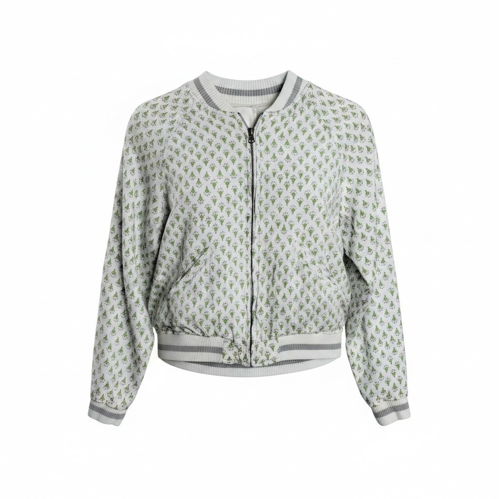 Tiny Editions for Anthropologie Womens Bomber Jacket Green Floral Embroidered‎ S